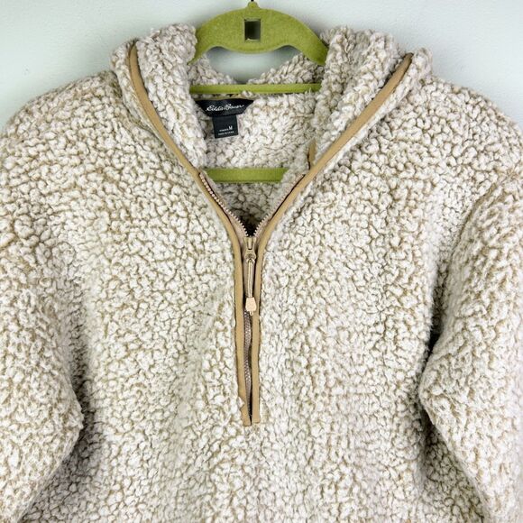 Eddie Bauer Quarter Zip Blue Sherpa Fleece Pullover Hoodie Sweatshirt Beige M - Picture 2 of 9